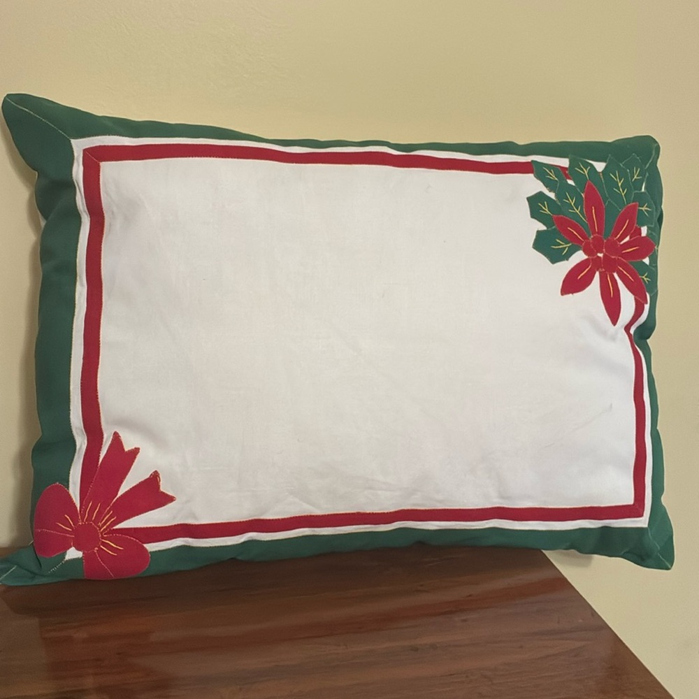Embroidered Poinsettia-Bow Rectangular Pillow